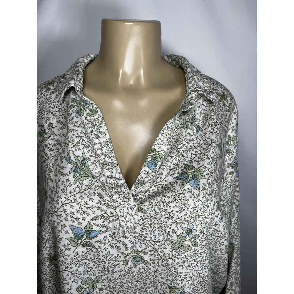 Laura Ashley Shirt Womens Extra Large White Green Blue Floral Linen Rayon V Neck
